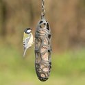 Een koolmees op een grijze, opengewerkte vogelvoederhouder gevuld met mezenbollen.