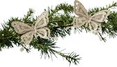 Kerstboom vlinders op clip - 14 cm - 2x stuks - champagne glitter - kunststof