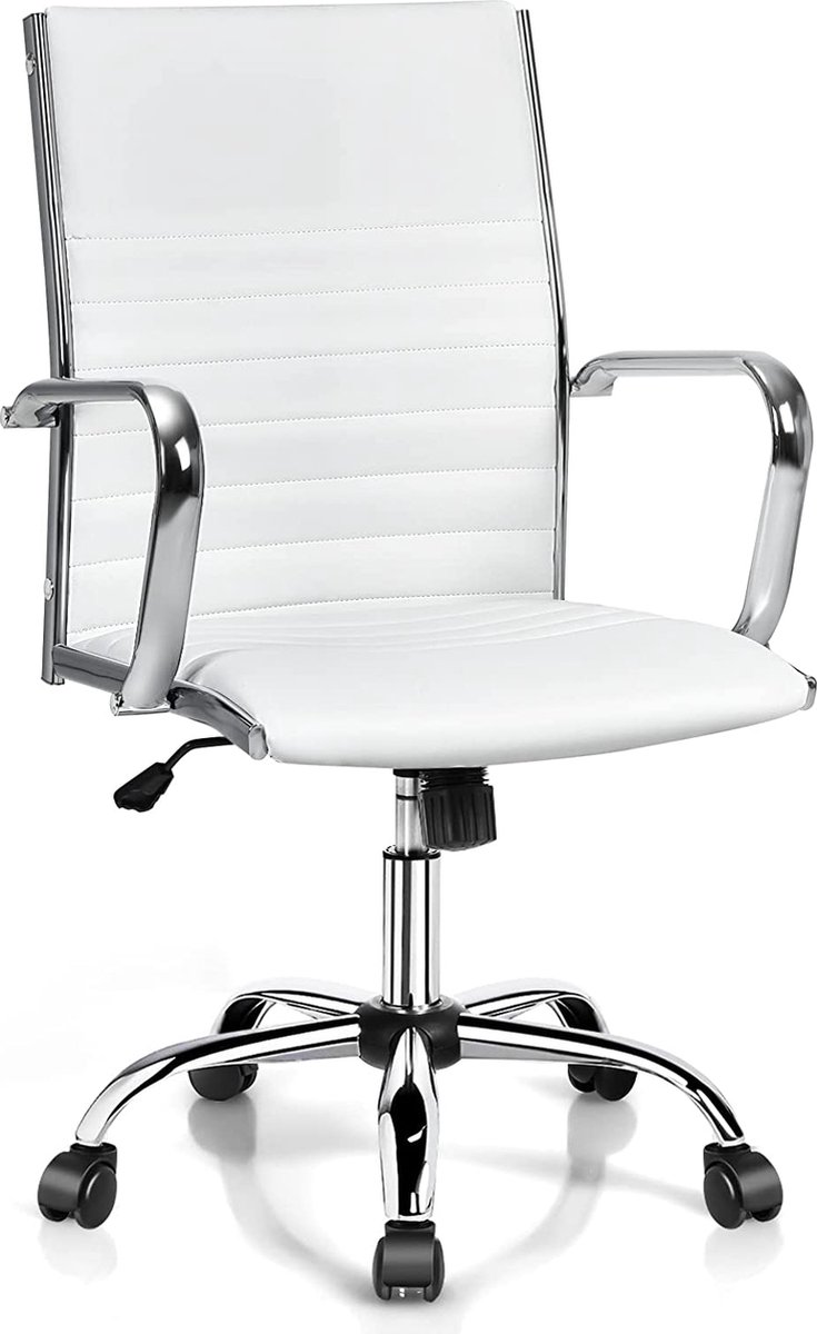 LIVINGSIGNS geribbelde bureaustoel met hoge rugleuning, draaibare PU-lederen conferentiestoel, ergonomische computerdraaistoel, in hoogte verstelbare bureaustoel met armleuning, schommelende rugleuning (wit)
