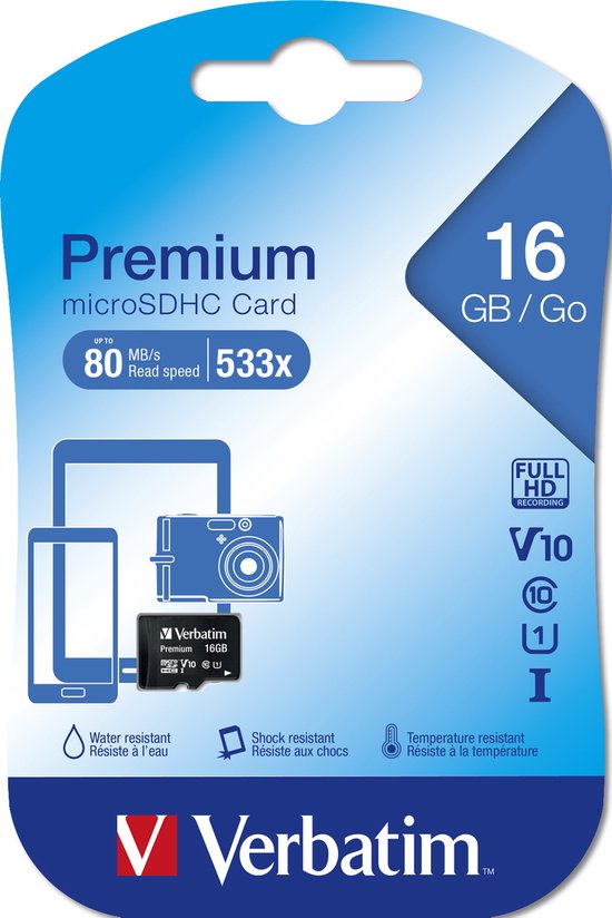 Verpakking van een Verbatim Premium microSDHC kaart van 16GB, met uitleg over snelheid en waterdichtheid.