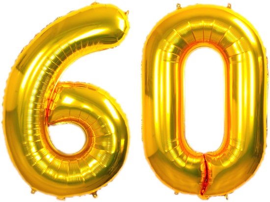 Folie Ballon Cijfer 60 Jaar Goud Verjaardag Versiering Helium Cijfer Ballonnen Feest versiering Met Rietje - 86Cm