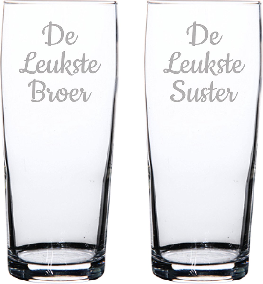 Gegraveerde bierfluitje 19cl De Leukste Broer-De Leukste Suster