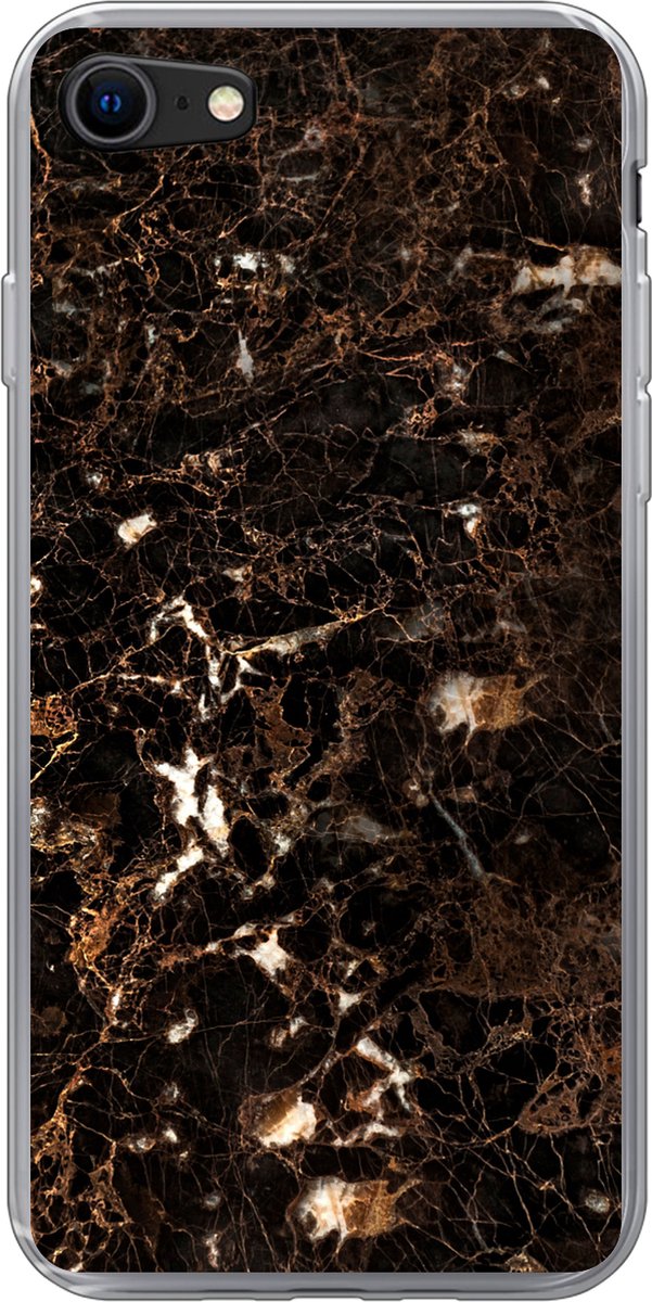 Telefoonhoesje Geschikt voor iPhone SE 2022 hoesje - Marmer print - Zwart - Goud - Siliconen Telefoonhoesje Telefoonhoesje