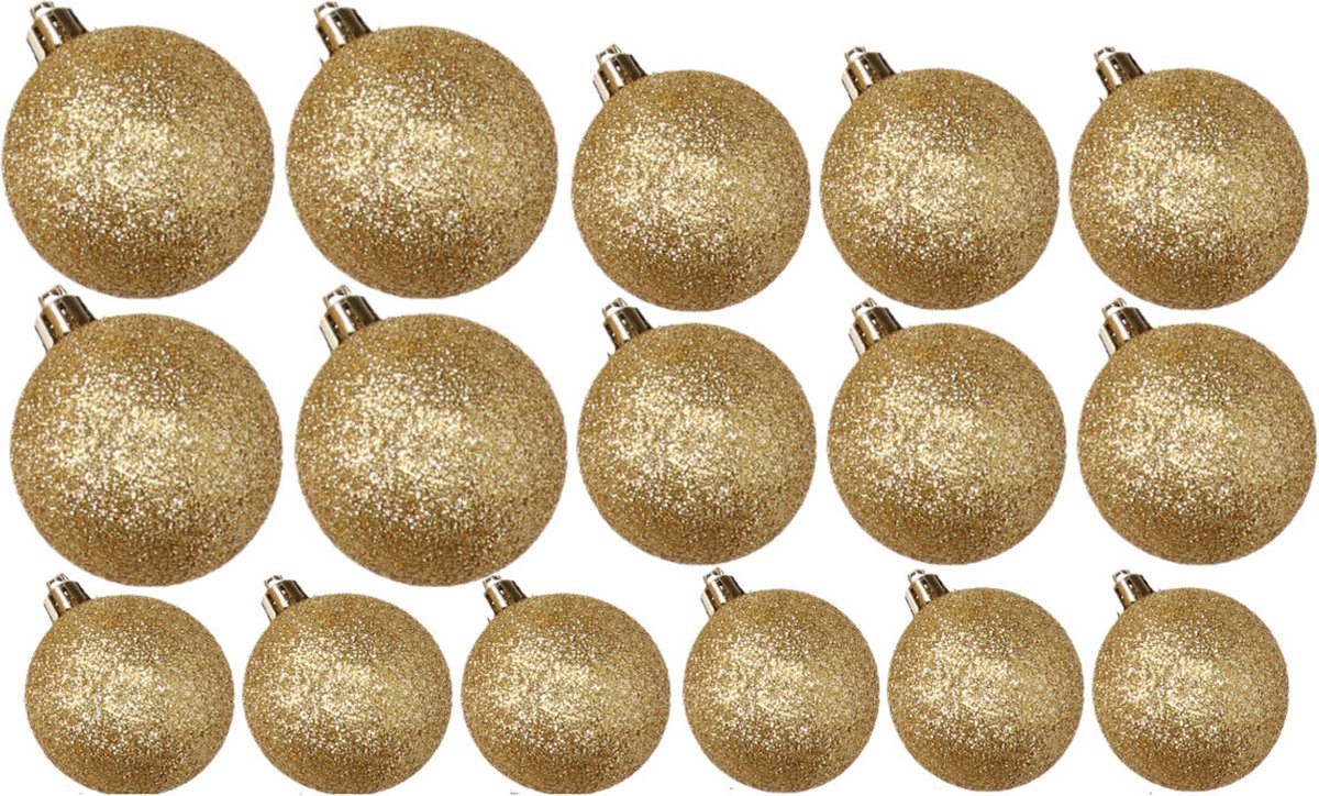 Kerstballen set in goud met glitter, 34 stuks in verschillende groottes.