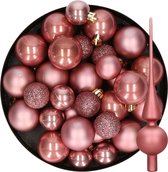 Décorations de Noël de Noël Boules de Noël en plastique avec pic en verre vieux rose 6-8-10 cm paquet de 42x pièces - Décorations Décorations pour sapins de Noël