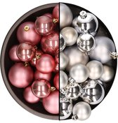 Kerstversiering kunststof kerstballen kleuren mix oud roze/zilver 6-8-10 cm pakket van 44x stuks