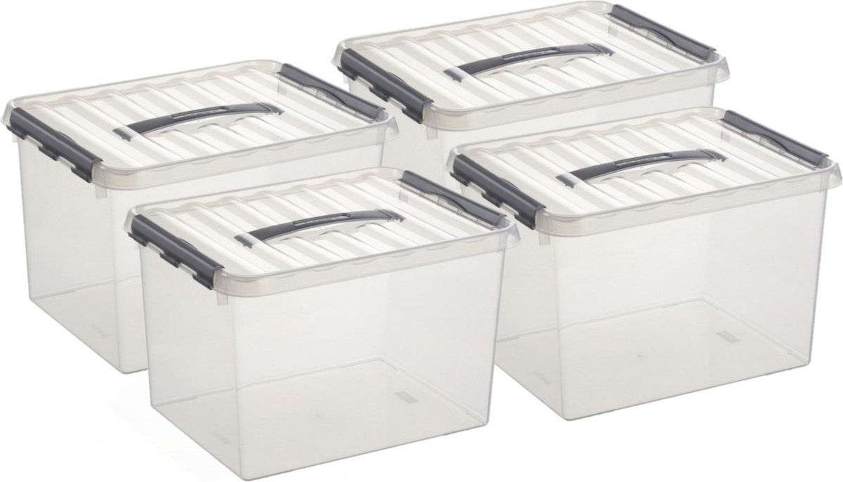 Sunware Set van 12x stuks sunware q-line opberg box/opbergdoos - 22 liter - 40 x 30 x 26 cm - kunststof - opslagbox - transparant/zilver