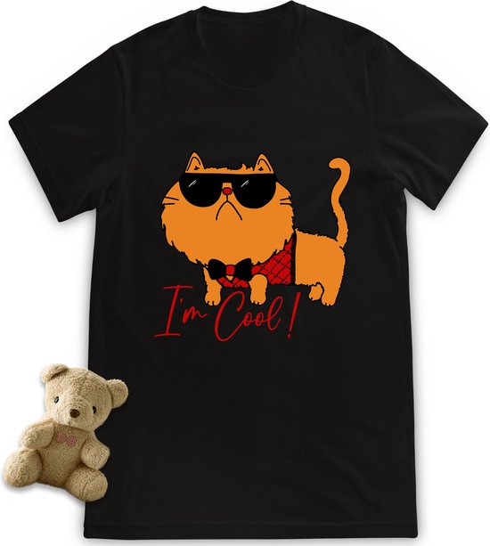 Meisjes t shirt - grappige I'm Cool Cat print  - Maten 92 t/m 164 - Shirt kleuren wit en zwart.