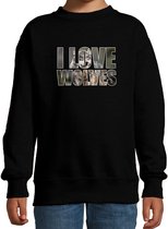 Tekst sweater I love wolves met dieren foto van een wolf zwart voor kinderen - cadeau trui wolven liefhebber - kinderkleding / kleding 110/116
