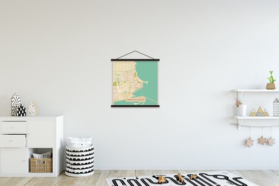 Porte-affiche avec affiche - Affiche scolaire - Enkhuizen - Carte - Carte - Plan de la ville - 40x40 cm - Lattes noires