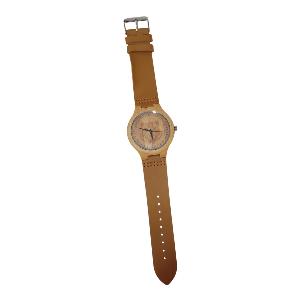 Houten Horloge Bamboe met leren band - Voor Heren - Met een uitgesneden tijgerafbeelding - Lichtbruin - 44mm