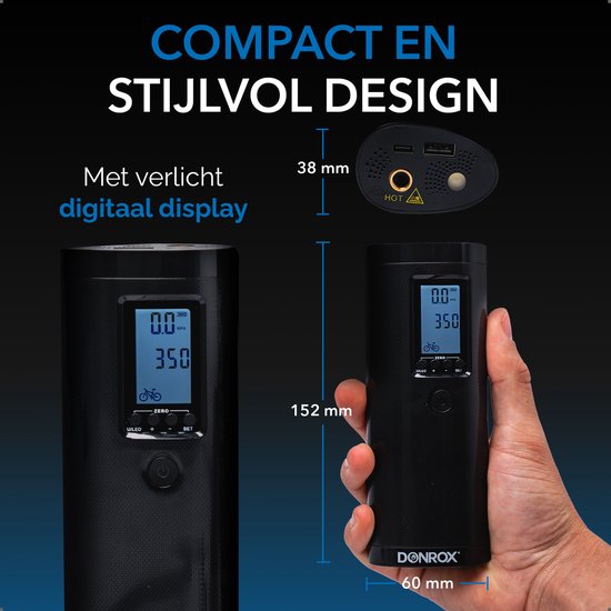 Zwarte Donrox compressor met digitaal display, naast een meting van de afmetingen (152mm x 38mm x 60mm).