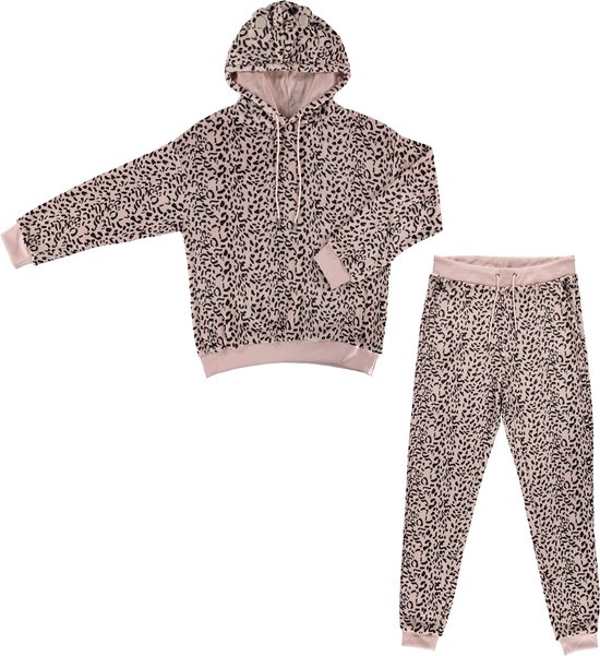 Apollo Dames Huispak Loungewear Luipaard Print Fleece Incl Capuchon Roze - Maat S/M