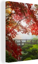Canvas schilderij - Japans - Brug - Japanse esdoorn - Bomen - Natuur - Schilderijen op canvas - Canvas doek - 80x120 cm - Muurdecoratie