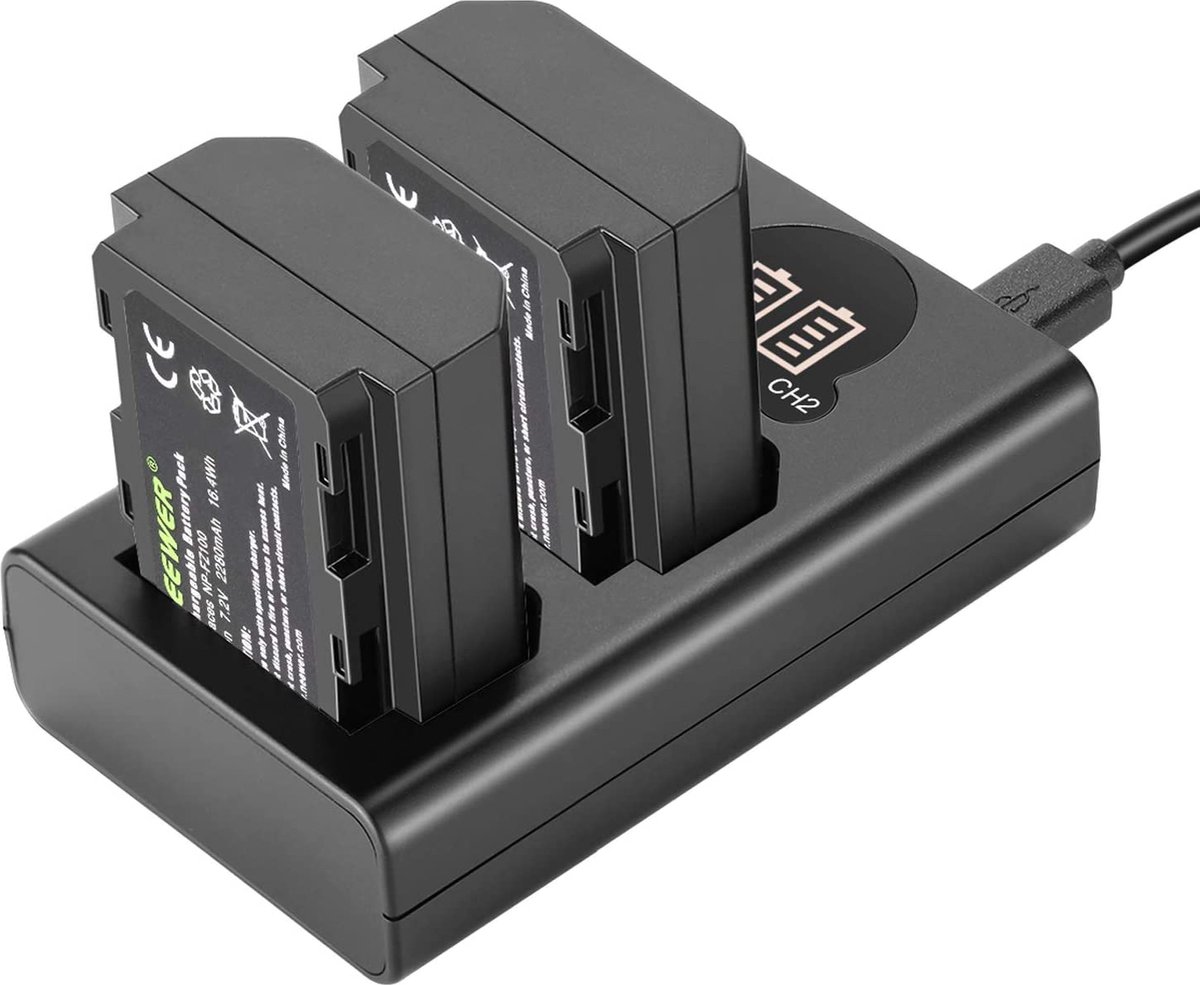 Neewer® - NP FZ100 Vervangende Batterij en Opladerset dubbele USB-Oplader Met LCD-Scherm - Geschikt voor Sony A9 A7III A7RIII A7RIV-camera's (2-pack 7.2V 2280mAh-batterij - Veelzijdige oplaadoptie)