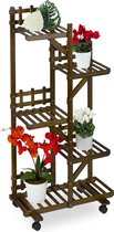 Relaxdays plantenrek binnen - bloemenrek met 5 etages - bruine planten etagere - op wielen