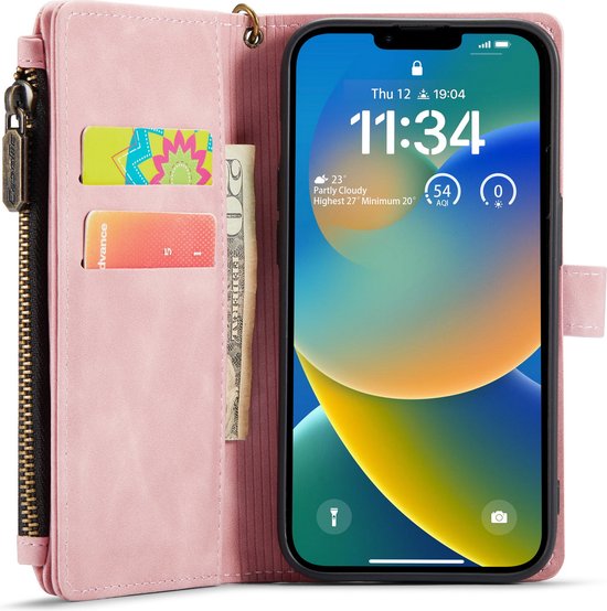 Coque Apple iPhone 14 Pink Pâle - Casemania Luxe Wallet Book Case with Zipper