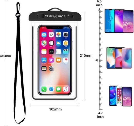 Zwarte waterdichte telefoonhoes met een zwart koord, inclusief afmetingen en illustraties van telefoons.