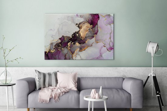 Toile Peinture Marbre - Abstrait - Or - Violet - 140x90 cm - Décoration murale