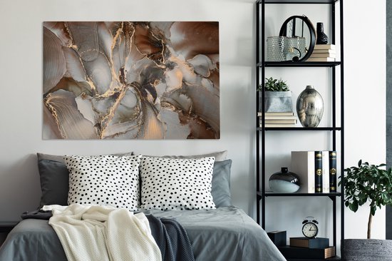 Toile Peinture Grijs - Goud - Marbre - 140x90 cm - Décoration murale