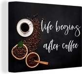 Canvas schilderij 160x120 cm - Wanddecoratie Quotes - Spreuken - Life begins after coffee - Koffie - Muurdecoratie woonkamer - Slaapkamer decoratie - Kamer accessoires - Schilderijen