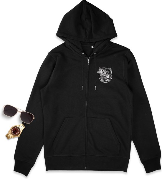 Heren hoodie met rits - Visser print - Opdruk voor- en achter - Maten S t/m 2XL - Kleur: zwart.