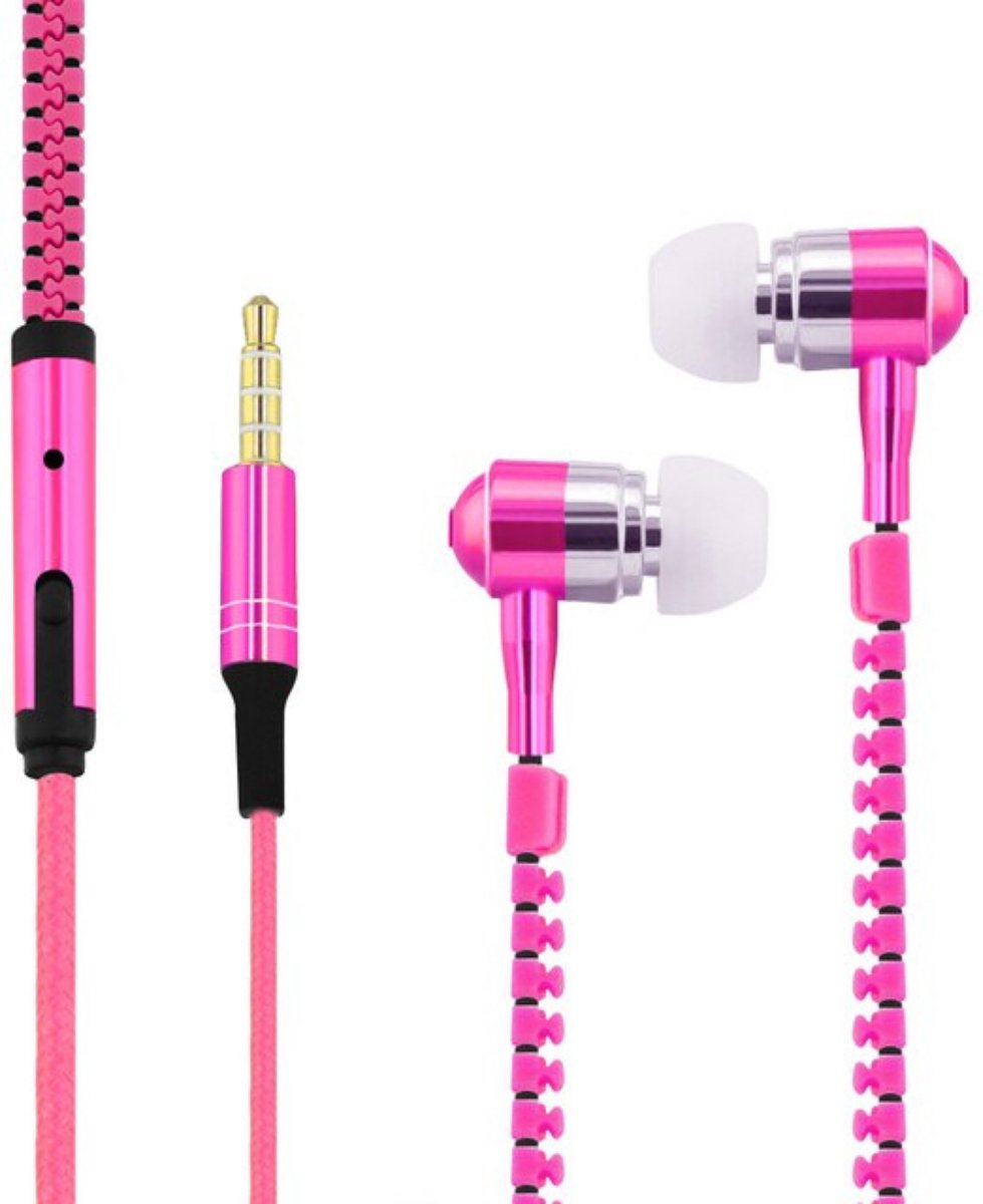 Koptelefoon met ritssluiting - Basmonitor - Metalen in-ear Hoofdtelefoons met microfoon voor MP3, mobiele telefoons en pc - Fuchsia