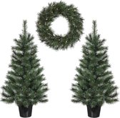 Black Box set - kerstboompjes 2x st - incl. kerstkrans - groen - Glendon - kunstbomen set