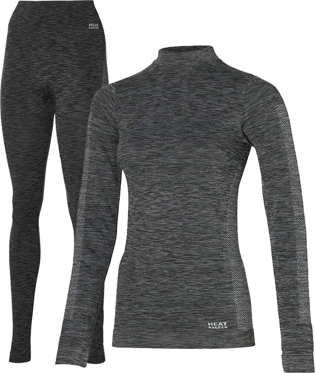 Heatkeeper Thermoset Dames Premium Techno - Thermoshirt met lange mouwen en legging - Zwart Melange - TOGwaarde 2.8 - Thermisch isolerend shirt en legging - Maat M - HEAT KEEPER