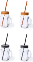 4x pcs verre Mason Jar gobelets avec bouchon et paille 500 ml - 2x noir / 2x orange - scellable / pas de fuite / fruits secoue