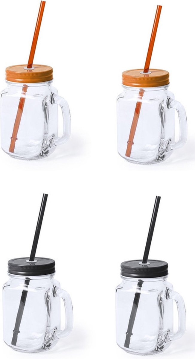 Goedkoopste 4x stuks Glazen Mason Jar drinkbekers met dop en rietje 500 ml - 2x zwart/2x oranje - afsluitbaar/niet lekken/fruit shakes