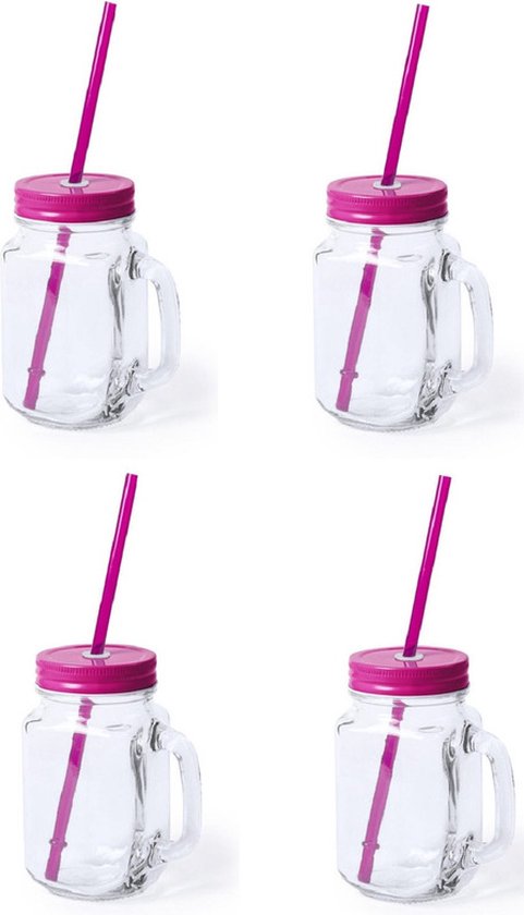 4x stuks Glazen Mason Jar drinkbekers roze dop en rietje 500 ml - afsluitbaar/niet lekken/fruit shakes