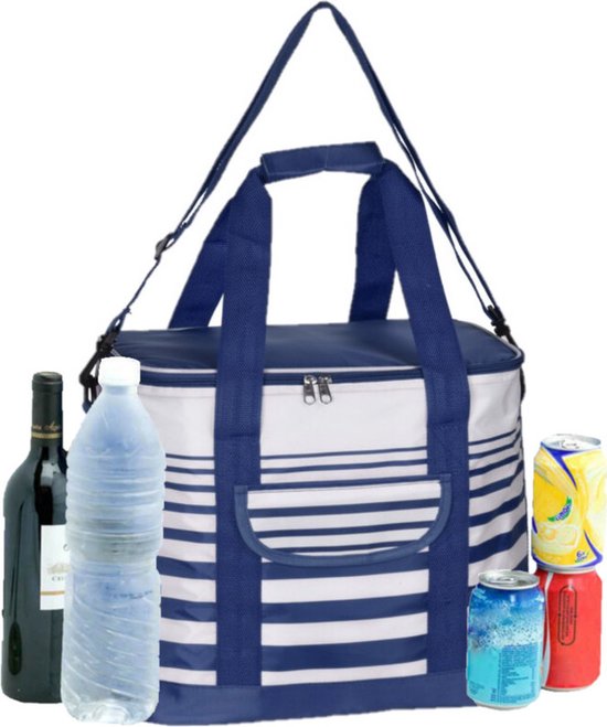 Koeltas draagtas schoudertas blauw/wit gestreept 28 x 18 x 29 cm 12 liter - Koeltassen van KOEL — afbeelding 2