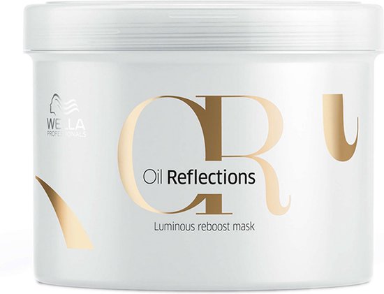 Witte pot met gouden letters 'Oil Reflections' en de tekst 'Luminous reboost mask'.