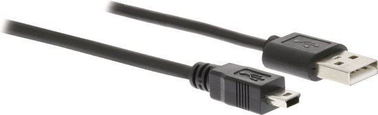 Zwarte USB Mini-B naar USB-A kabel met een lengte van 5 meter.