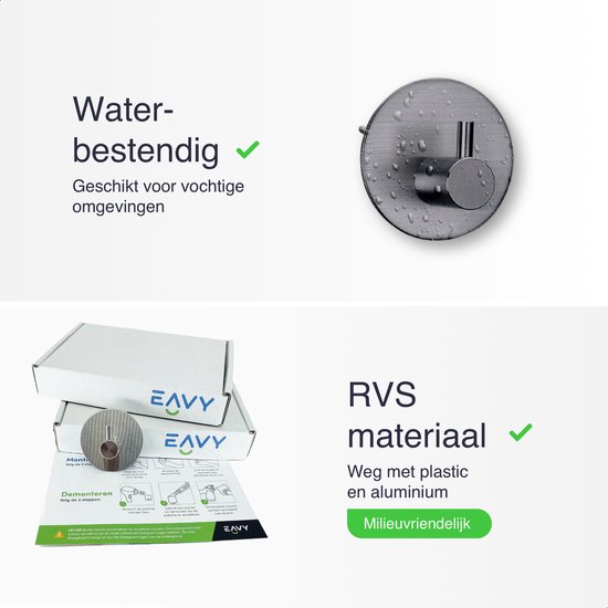 Zilverkleurig EAVY handdoekhaakje van roestvrij staal, met waterdruppels, waterbestendig.