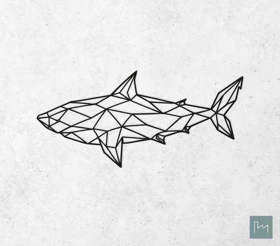 Laserfabrique Wanddecoratie - Geometrische Haai - Medium - Zwart - Geometrische dieren en vormen - Houten dieren - Muurdecoratie - Line art - Wall art