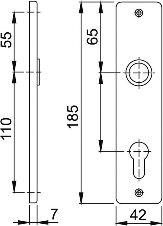 Technische tekening: zilverkleurig deurschild, 185mm x 42mm, 7mm dik.