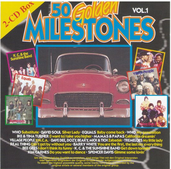 2-CD Box "50 Golden Milestones Vol.1" met een rode klassieke auto en afbeeldingen van artiesten zoals K.C. & the Sunshine Band, Equals, Tremeloes, Bee Gees en Village People.