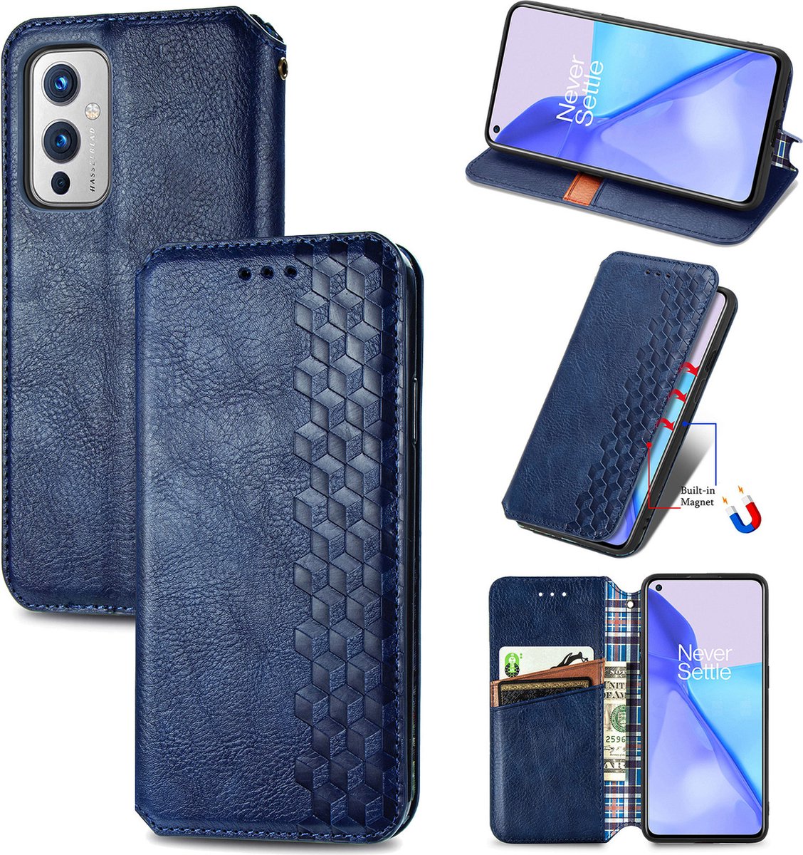 Luxe PU Lederen Ruitpatroon Wallet Case + PMMA Screenprotector voor OnePlus 9 _ Blauw