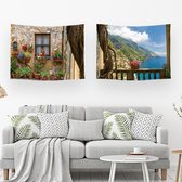Ulticool - Tapisserie - Fenêtres Transparentes Plantes Fleurs Nature Balcon Montagnes - Set de 2 motifs - 73 cm x 95 cm - Tissu Tapisserie Peinture - Poster Art - Blauw Marron
