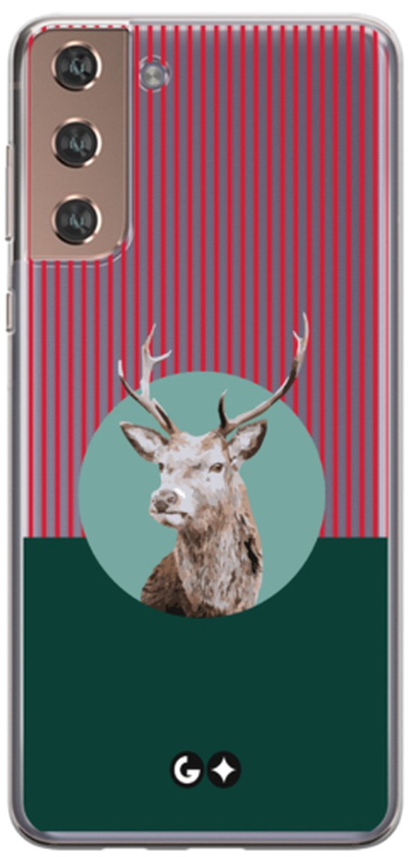 Telefoonhoesje geschikt voor Samsung Galaxy S21 - Transparant Siliconenhoesje - Flexibel en schokabsorberend - Dierencollectie - Retro Reindeer - Groen