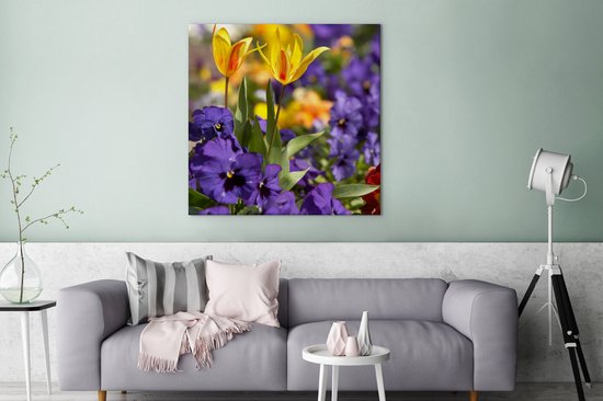 Toile Peinture Printemps - Fleurs - Couleurs - 90x90 cm - Décoration murale