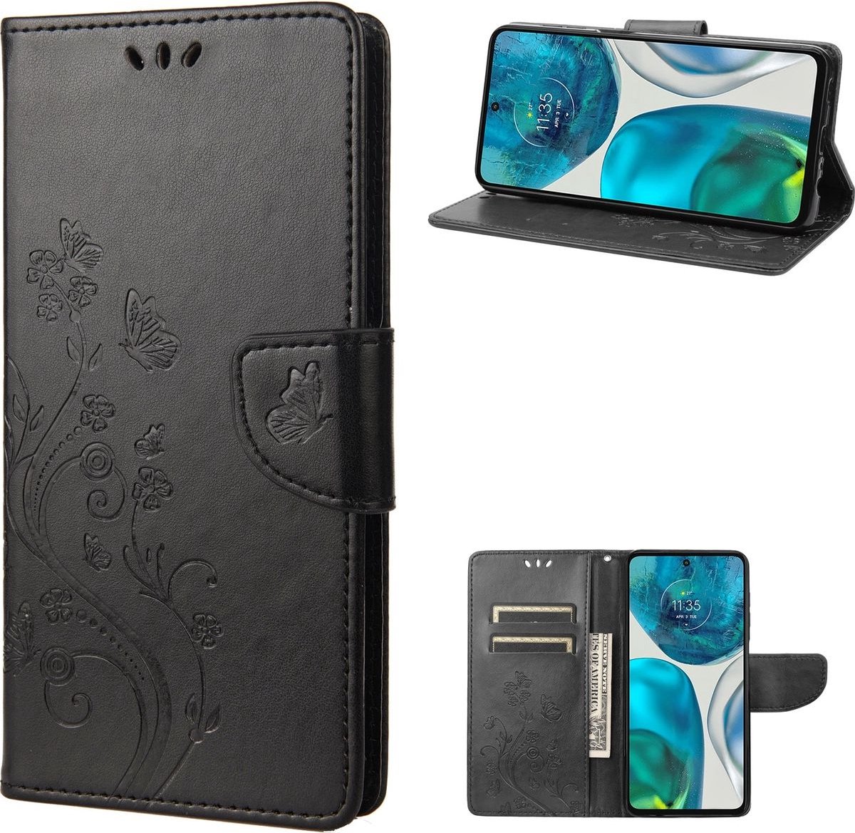 Mobigear Telefoonhoesje geschikt voor Motorola Moto G82 Hoesje | Mobigear Flowers Bookcase Portemonnee | Pasjeshouder voor 2 Pasjes | Telefoonhoesje voor Pinpas / OV Kaart / Rijbewijs - Zwart
