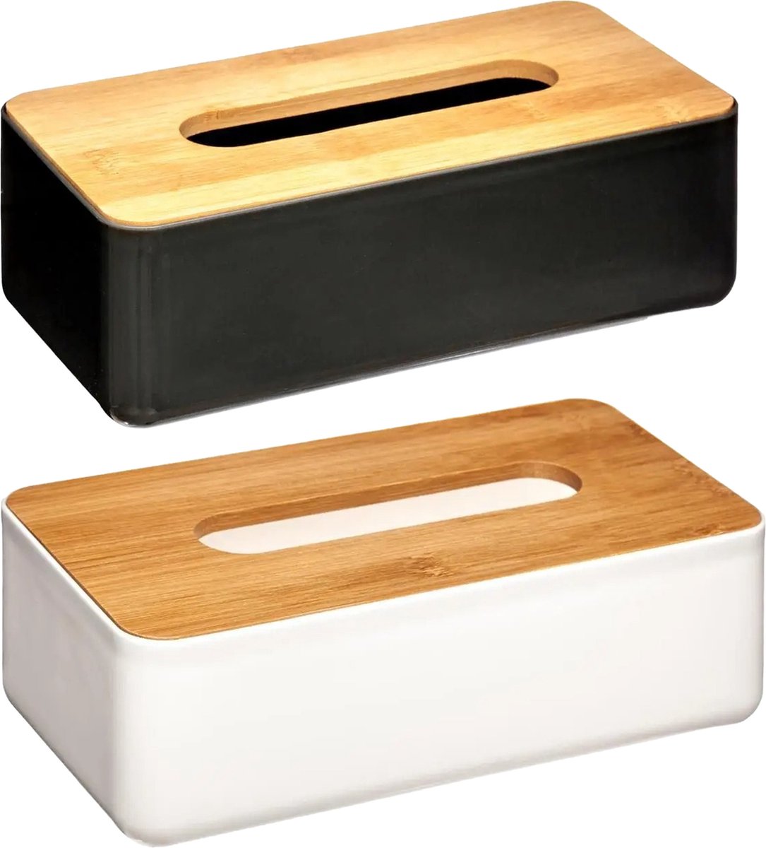 Zakdoekhouders/tissueboxen - 2x stuks - 26 x 13 cm - wit en zwart - bamboe deksel - kunststof