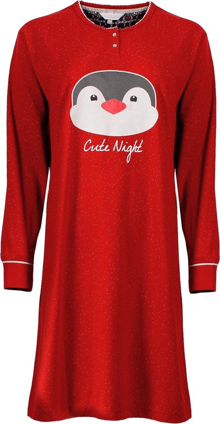 Stippen dessin dames nachthemd met pinguïn print. Rood O1.