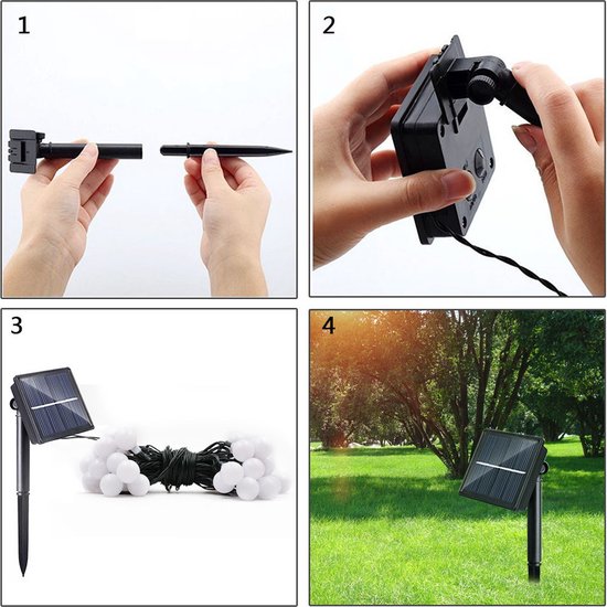 Illustrations d'instructions pour l'assemblage de la guirlande lumineuse: main et panneau solaire, sur le piquet de jardin et dans le jardin.