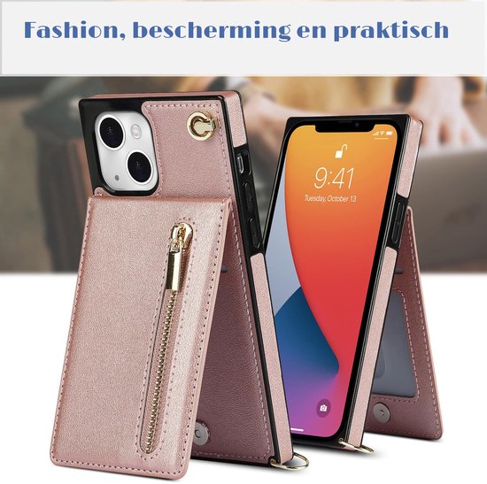 Roze goudkleurig telefoonhoesje met portemonnee-functie en rits, openklapbaar om een telefoon te tonen.