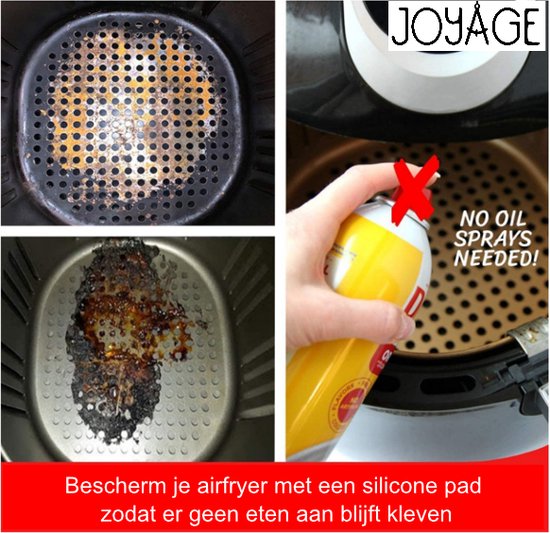 Vergelijking van een schone en een aangebrande airfryer mand, met tekst 'NO OIL SPRAYS NEEDED!'