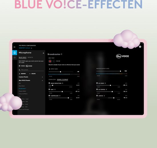 Scherm met Blue VO!CE-effecten voor microfoonconfiguratie.
